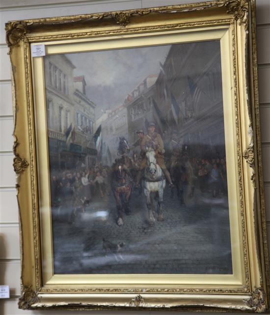 William Woodhouse (1857-1939) Victory Parade, British soldiers entering Ypres 24 x 20in.